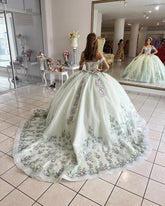 Exquisite Mint Green Ball Gown Off-Shoulder Corset with 3D Floral Lace Appliques for Quinceanera & Sweet 16